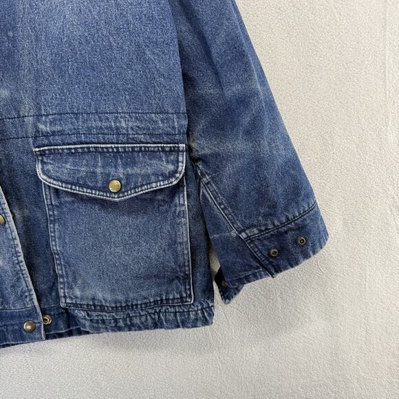 Vintage LL Bean Jacket Womens M/L Blue Denim Hooded Barn Chore Flannel Lined 90s - Picture 2 of 12